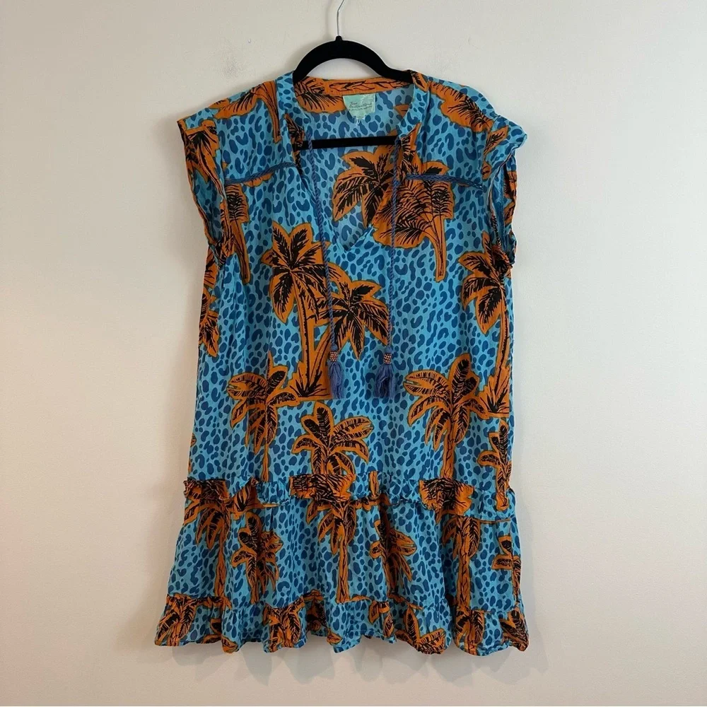 True Destinations Cheetah Palm Tree Print Bohemian Mini Dress Size Large - Picture 1 of 7
